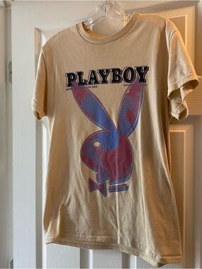 PLAYBOY Cream Short Sleeve Tee with Blue and Red Bunny Graphic